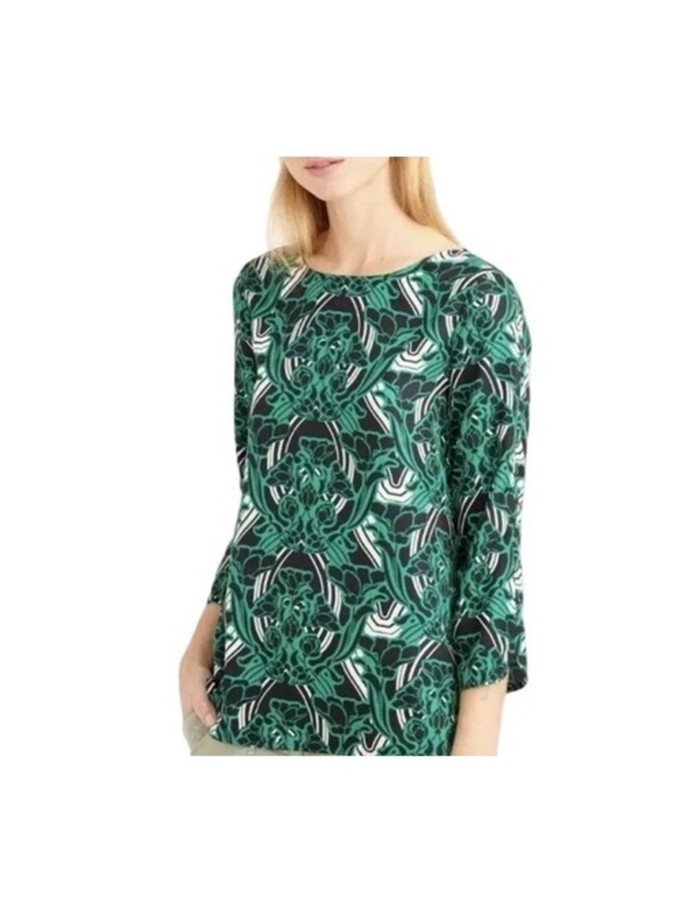 J.Crew Green Black Floral Print Top 3/4 Sleeve Size 0 Lightweight